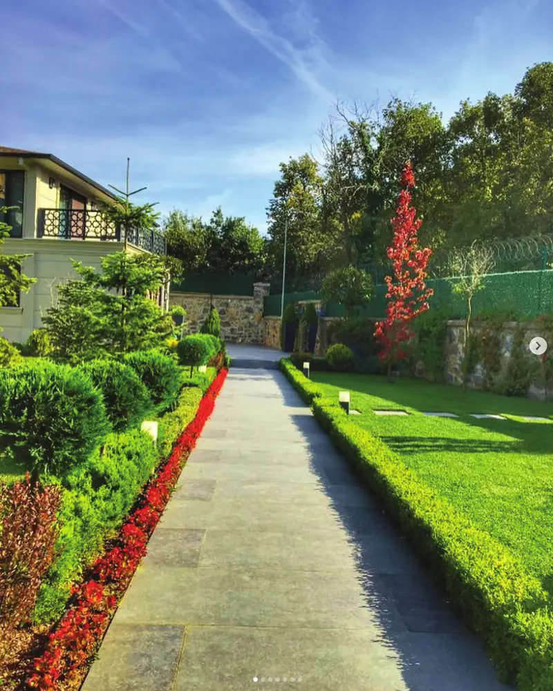 Villa bahçesinde çim, şimşir bordür ve doğal taş yürüyüş yolu